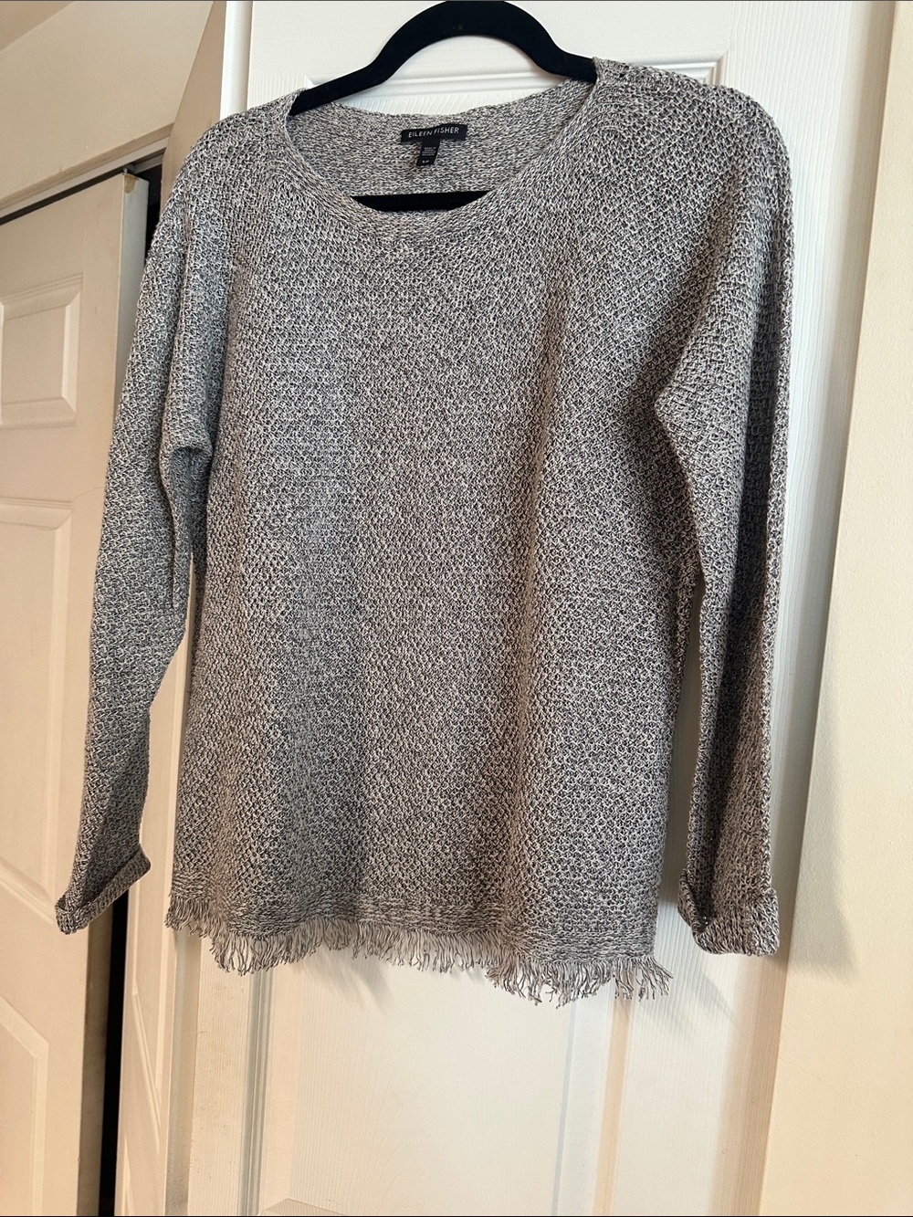 Eileen Fisher Heather Gray Knit Fringe-Hem Sweater
